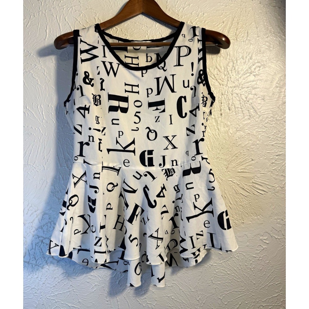 Papaya Women's L Black White Alphabet Letter Print Sleeveless Peplum Top Letter